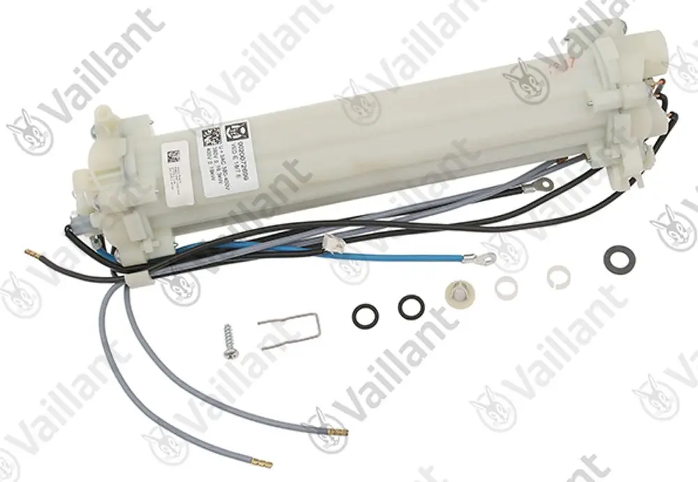 Vaillant Heizgerätekomponente mit mehreren Anschlüssen und Kabeln, umgeben von verschiedenen Dichtungen und Montageschrauben.
